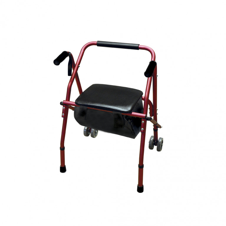 Andador ROLLATOR BORDÓ. Aluminio anodizado. Con ruedas y asiento de descanso.